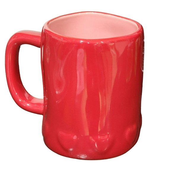 Rae Dunn CUTIE Red Ceramic Coffee Mug 16 Oz Embossed Hearts Around The Bottom - Picture 2 of 14